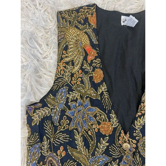 Theo Vintage Whimsical Beaded Floral Bird Three Button Women’s Blue Vest Medium - Picture 9 of 9